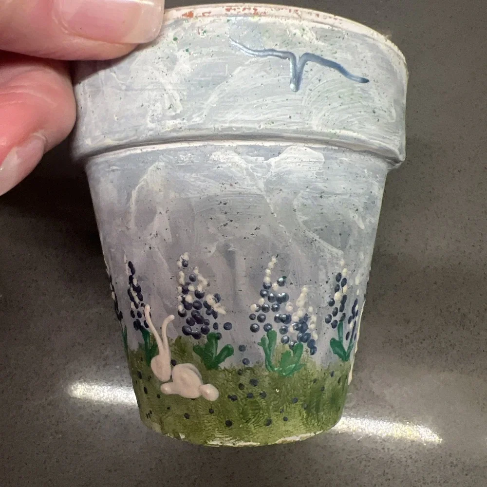 Set of 2 Small Hand Painted Plant Flower Pots With Bunnies